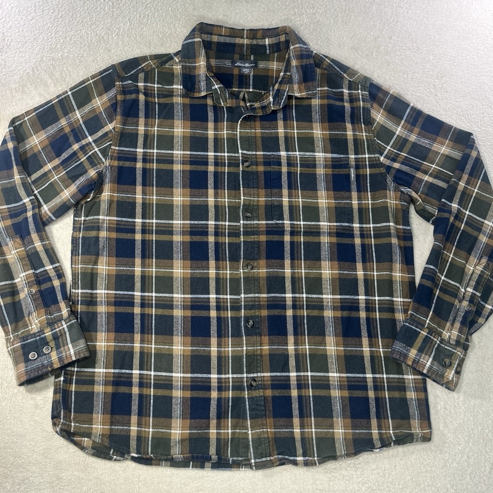 Eddie Bauer Brown, Black & White Plaid Flannel Shirt Long Sleeve Size Large